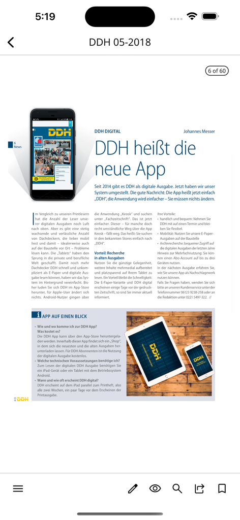 DDH - An article in the DDH app explaining the features of the digital roofing trade publication.