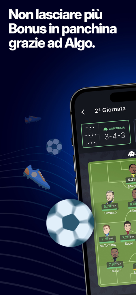 Algo Fantacalcio - Schermata dell'app Algo Fantacalcio che mostra una formazione di calcio 3-4-3 raccomandata con valutazioni dei giocatori su un campo.