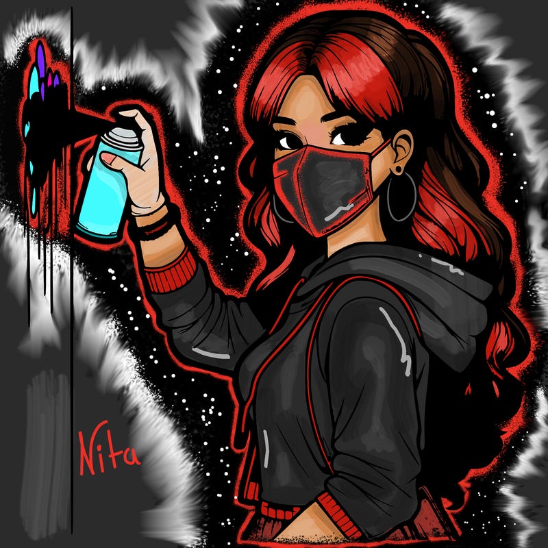 realistic girl with mask spray painting a wall