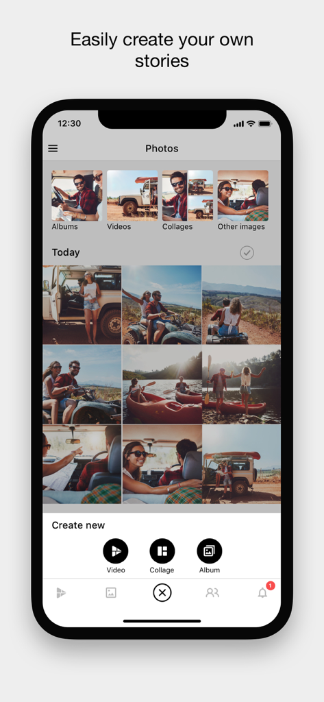 Interfaz de la aplicación RealTimes mostrando una galería de fotos y opciones para crear historias de video.