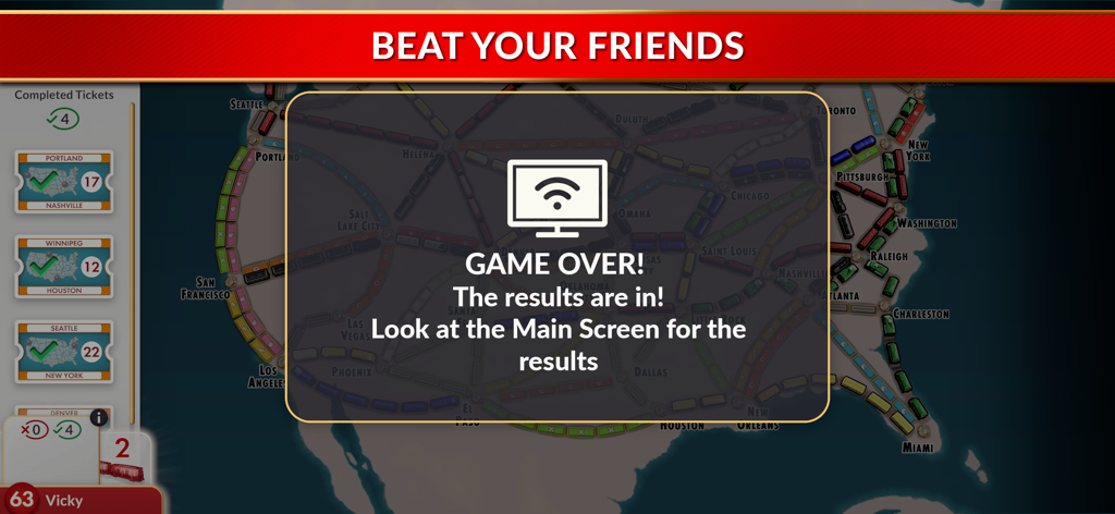 Game over screen on the Ticket to Ride Companion app showing completed tickets and directing users to the main screen for results