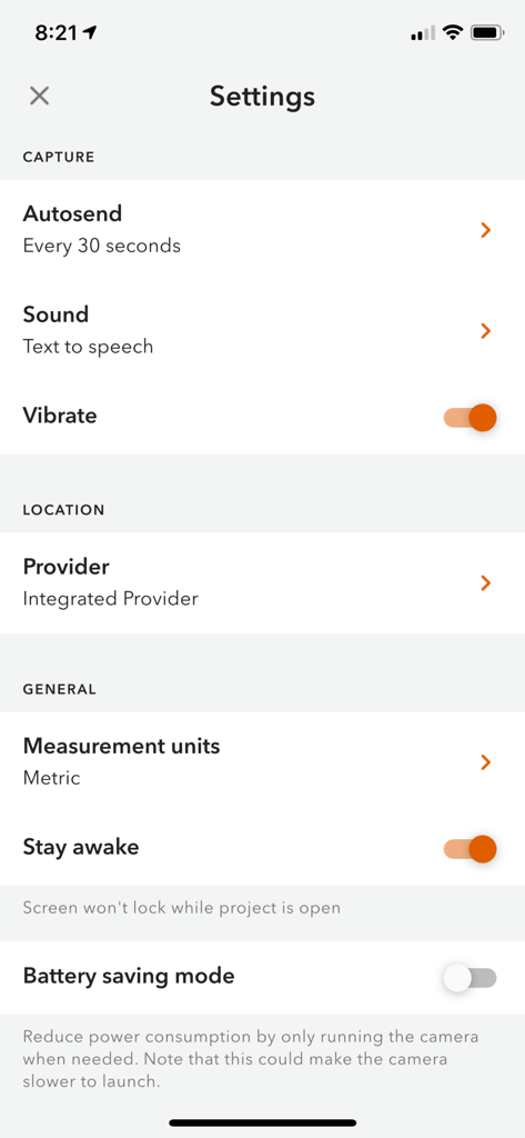 Settings menu of the ArcGIS QuickCapture app showing capture and location configuration options