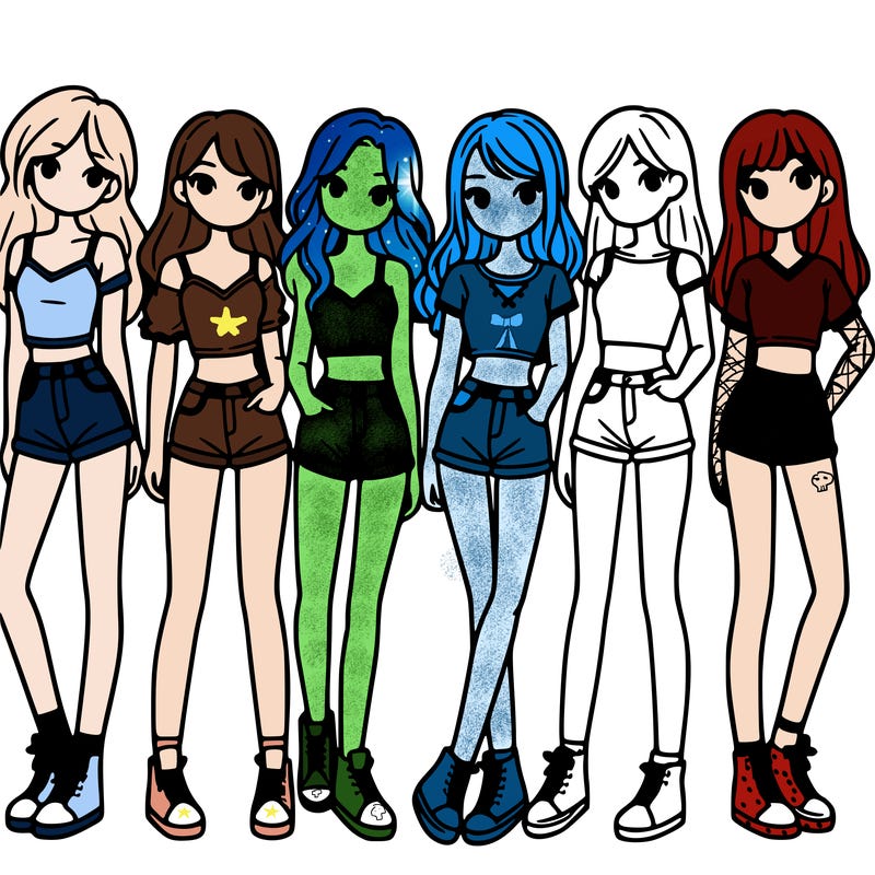 a group of girls wearing crop tops and shorts