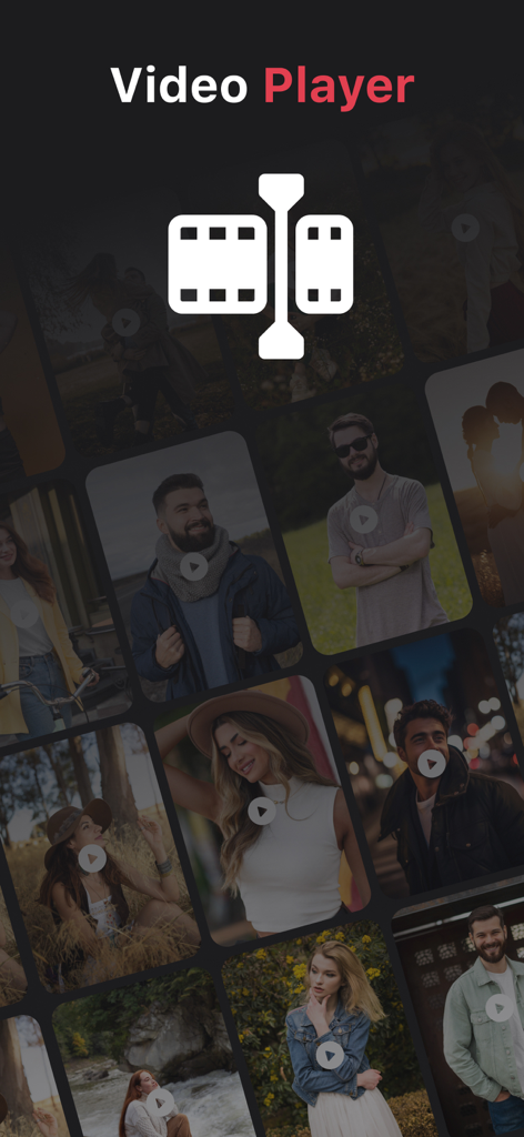 Vid-Mate app interface for video playing and editing featuring a filmstrip icon and video thumbnail grid