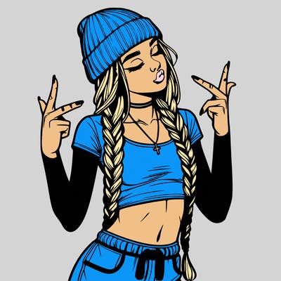 realistic teenage girl with braids and a beanie and crop top doing 🫶🏼
