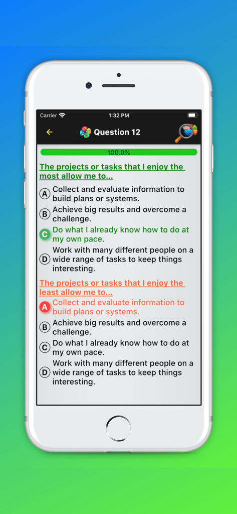 DISC性格アセスメントアプリからの質問を表示するモバイル画面。