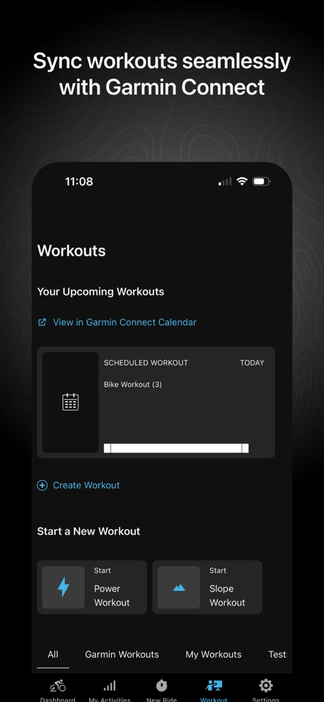 Tacx Training™ - Interface of the Tacx Training app showing scheduled workouts and Garmin Connect synchronization features