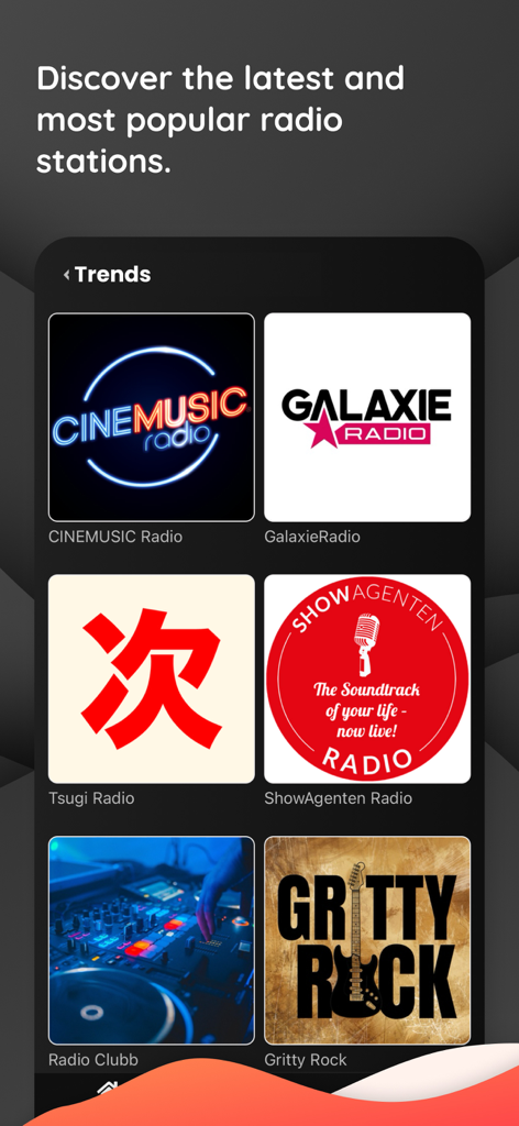 Welove.radio app interface showing a selection of popular and trending radio stations like CineMusic and Gritty Rock