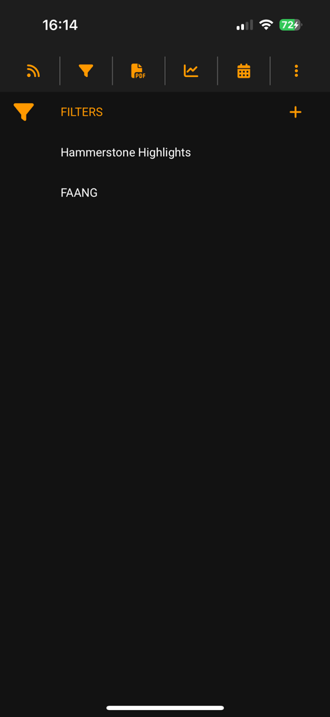 A screenshot of the HS MarketTalk mobile app showing the filters section with options for Hammerstone Highlights and FAANG stocks.