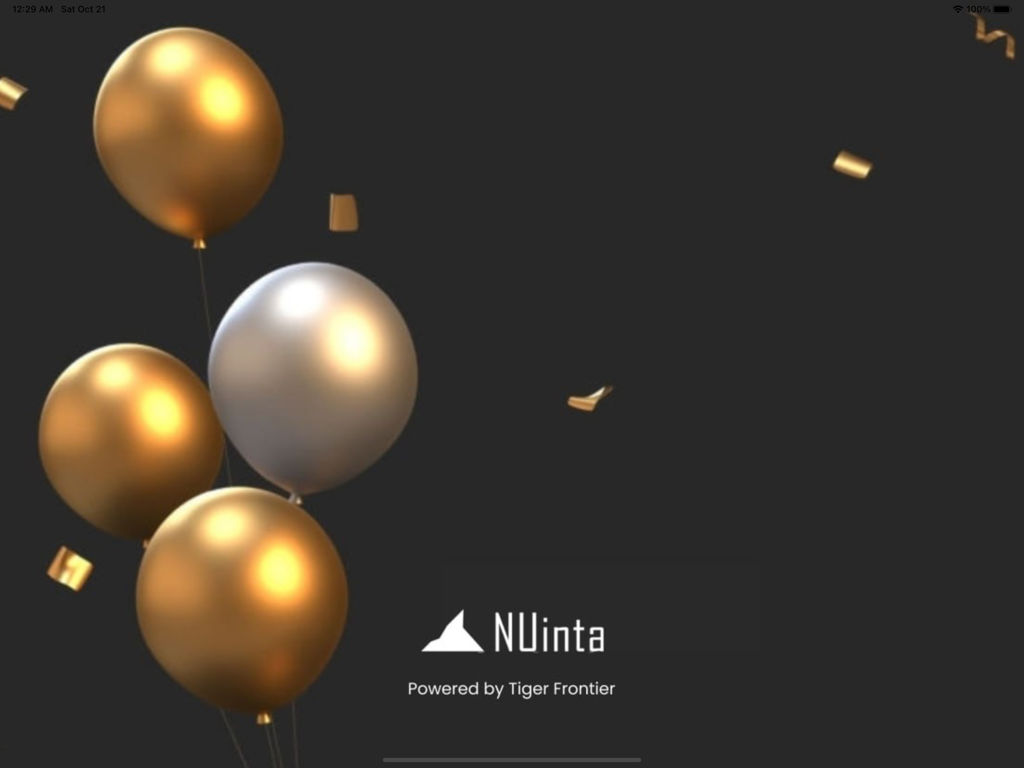 HelloSign - Digital sign with gold and silver balloons and the NUinta logo on a black background