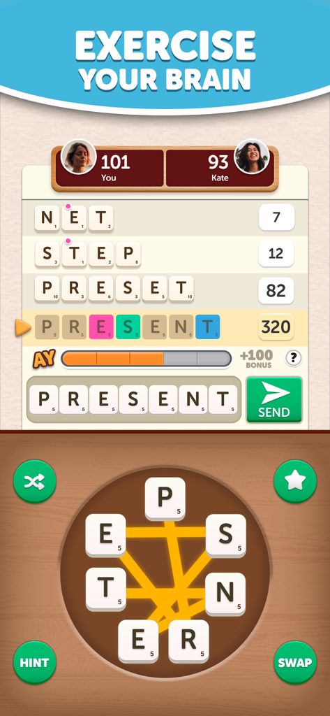 Gameplay screen of Anagram Yatzy word game showing scoring and brain exercise features