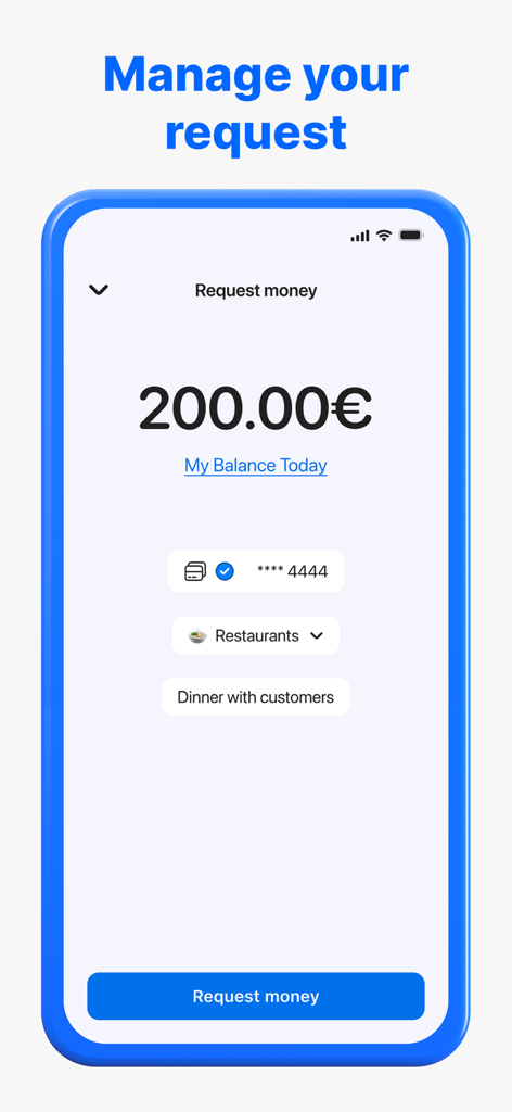 CloudPay - Pantalla de la aplicación CloudPay que muestra una solicitud de doscientos euros para un gasto en restaurante