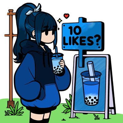 girl with oversized hoodie drinking boba and she has a high ponytail with a sign that says 10likes?