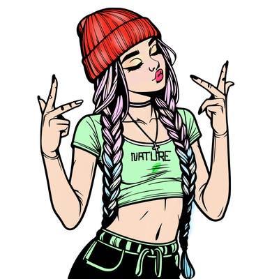 realistic teenage girl with braids and a beanie and crop top doing 🫶🏼