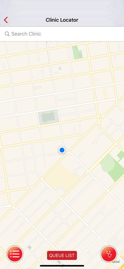 ASP Healthcare - ASP Healthcare app screen showing a clinic locator map with a search bar and queue list option
