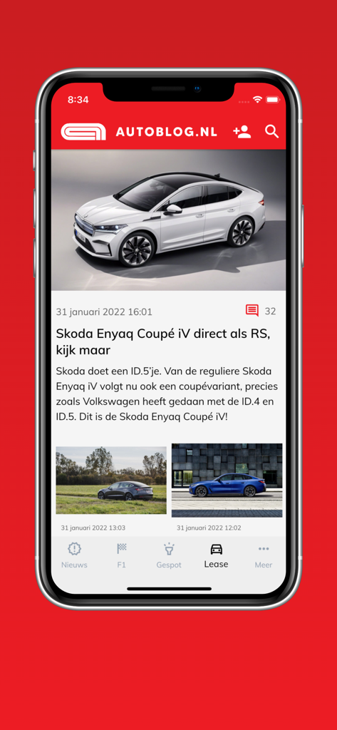 Autoblog.nl mobile app news feed featuring a review of the Skoda Enyaq Coupe iV
