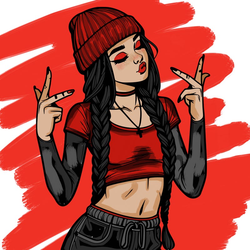 realistic teenage girl with braids and a beanie and crop top doing 🫶🏼