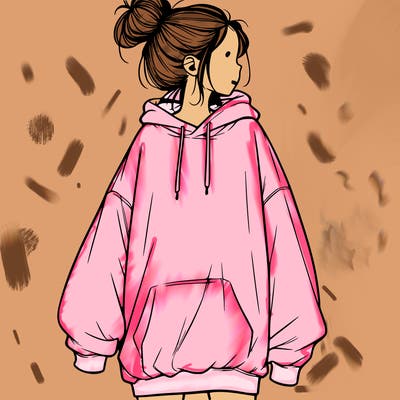 realistic girl with a oversized sweatshirt on and a bun
