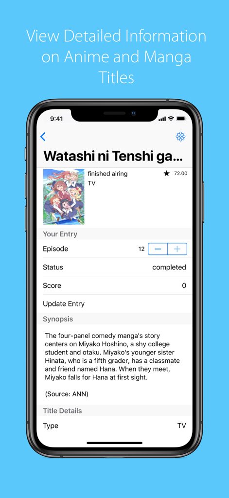 Shukofukurou - Mobile app interface displaying detailed anime information including synopsis and user watch status