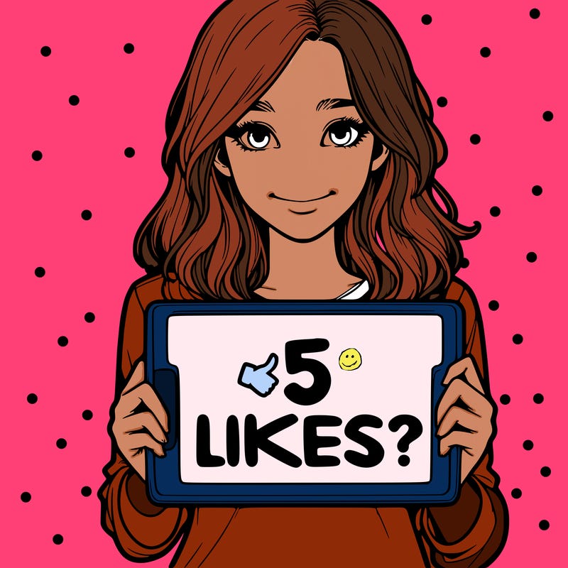 a realistic girl holding a sign saying 5 likes?