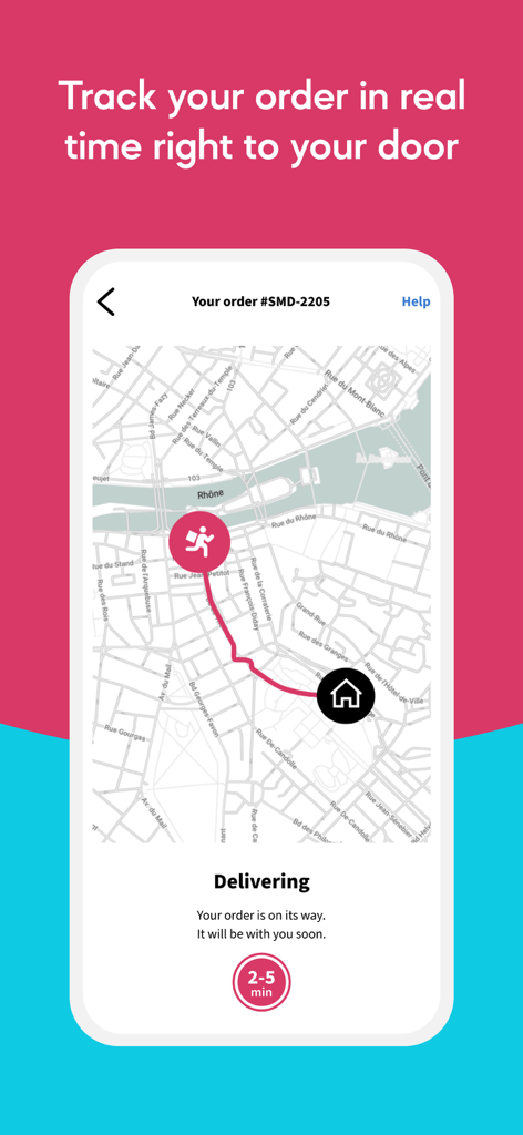 Smood, the Swiss Delivery App - Smood app screen showing real-time delivery tracking on a map with a countdown of two to five minutes remaining