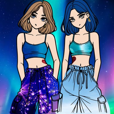 two girls with crop top with baggy pants