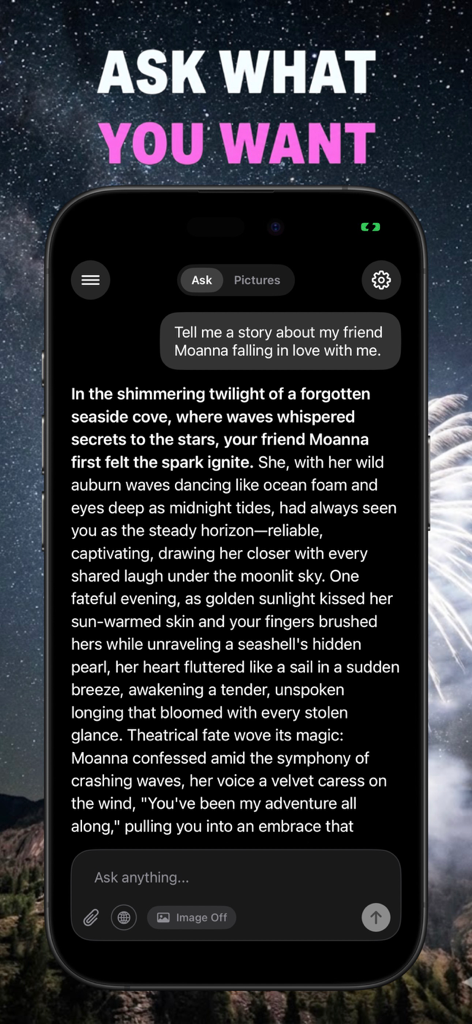 Um smartphone mostrando o Unfiltered AI Chat gerando uma história romântica com base em um prompt do usuário