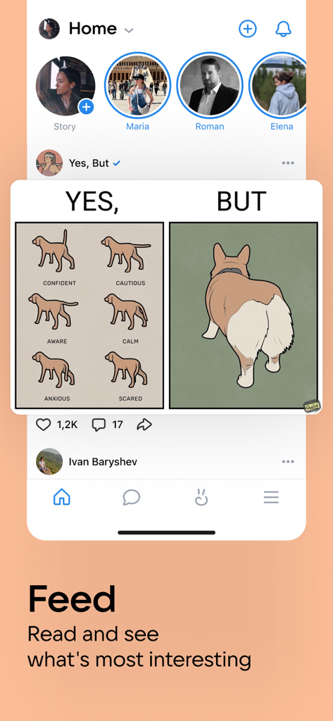 Interfaccia del social network VK che mostra il feed principale con le storie degli utenti e un post.