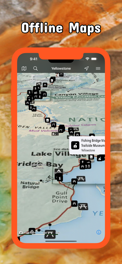 Yellowstone Pocket Maps - Interface de l'application Yellowstone Pocket Maps montrant la navigation hors ligne sur carte et les points d'intérêt du parc sur un iPhone.