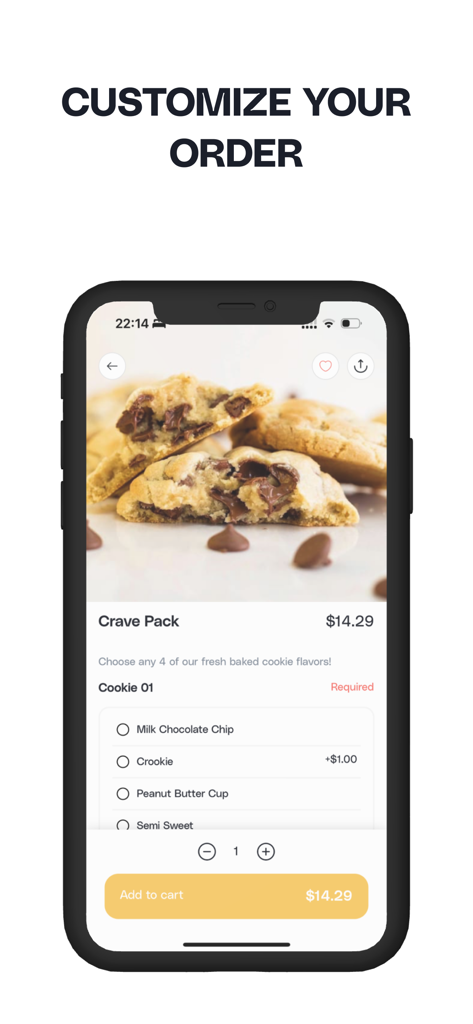 Crave Cookies - On Demand - Una pantalla de la app móvil titulada Personaliza tu pedido que muestra una selección de Crave Pack con opciones de sabor de galleta como Chips de chocolate con leche y Trufa de cacahuete.
