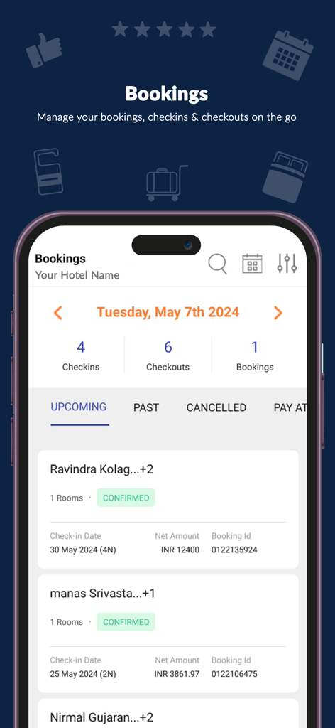 Connect by MakeMyTrip mobile app screen showing property booking management with check-ins and check-outs