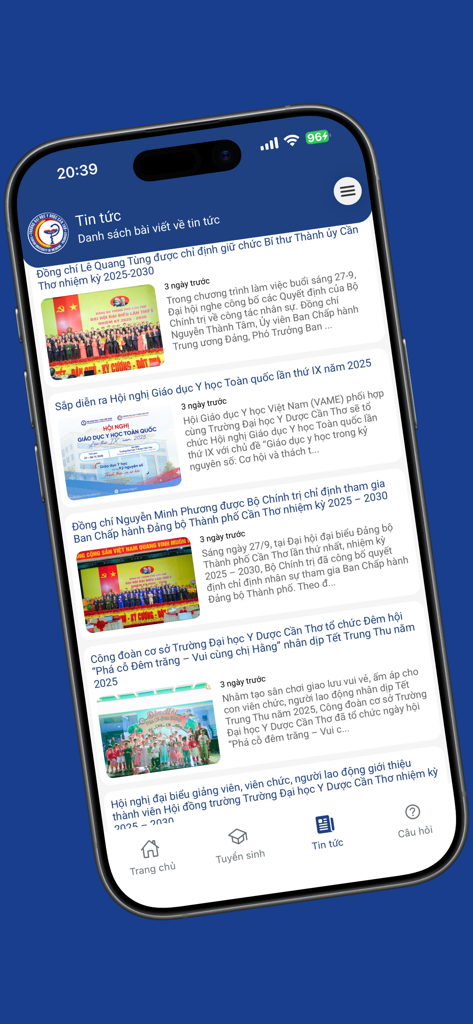 A mobile news feed on the CTUMP app displaying university updates and articles.