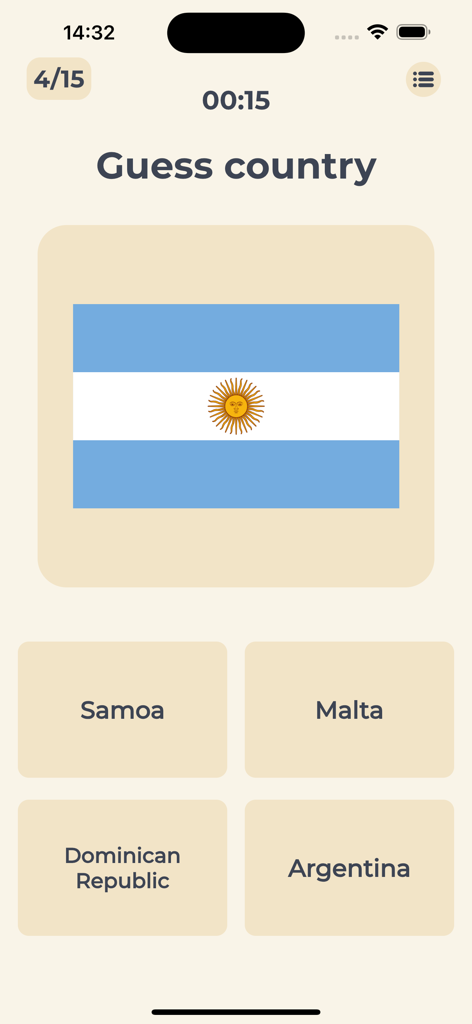 Guess the Flags - of the World - Tela de um aplicativo móvel mostrando um quiz de identificação de bandeira para a Argentina.