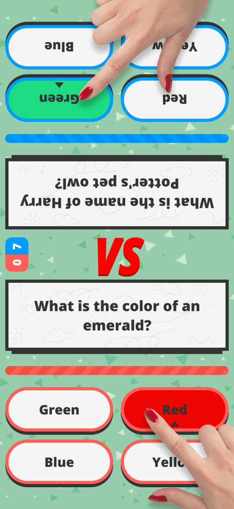 2 Player Trivia - Two people playing a competitive trivia duel on one smartphone with split screen questions