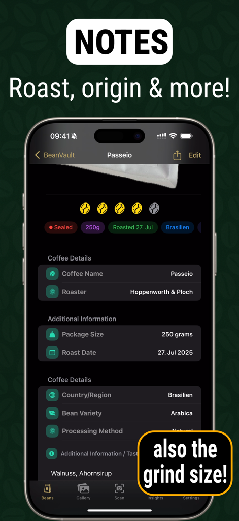 Coffee Bean Tracker - Vault - Mobile app interface showing coffee bean details including roast date origin variety and tasting notes