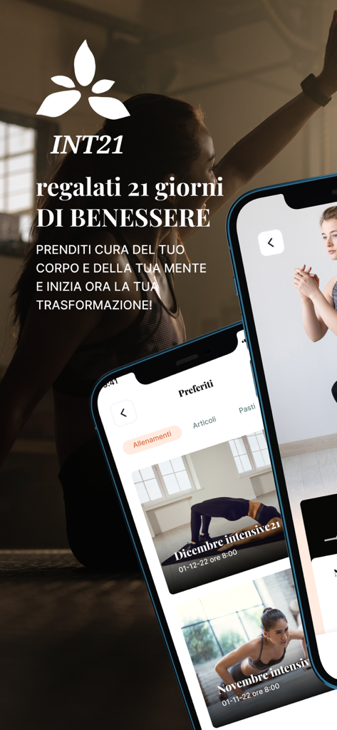 Intensive21 - Intensive21 app interface showing workout videos and the 21-day wellness challenge