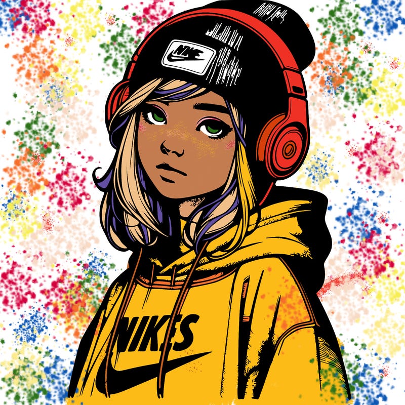 realistic girl wearing a hoodie and a beanie and headphones and nikes