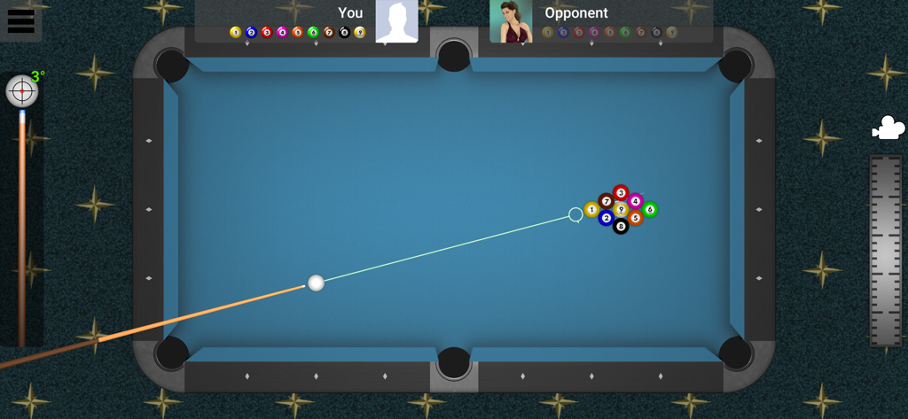 Pool Online - 8 Ball, 9 Ball - Vista cenital de una partida de bola 9 en una mesa azul con el taco de billar apuntando al rack