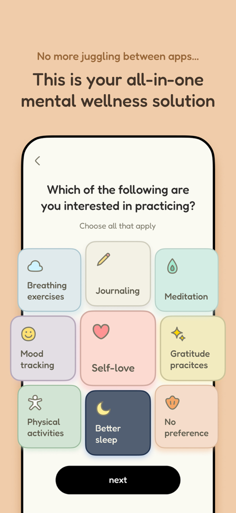 Quabble: Daily Mental Health - Quabble app onboarding screen showing pastel tiles for mental health practices like journaling, meditation, and mood tracking