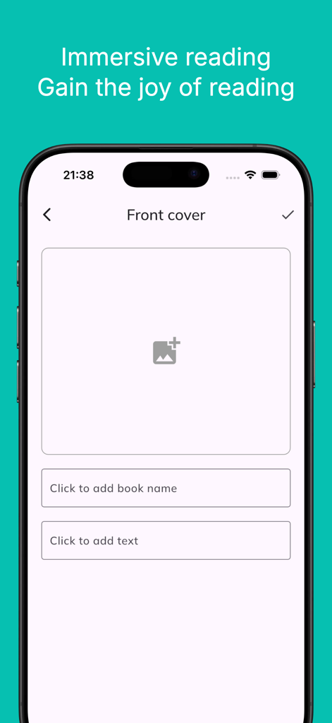 PicBook: Picture Book Creator - Una pantalla de aplicación móvil para diseñar la portada de un libro ilustrado con campos para una imagen, el nombre del libro y el texto.