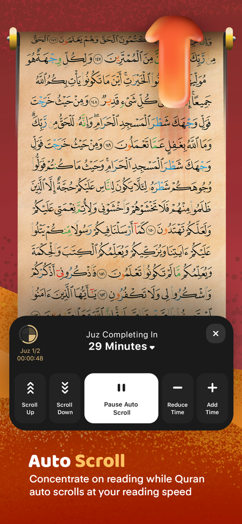 Quran Majeed - القرآن مجيد - Quran Majeed app interface showing the auto-scroll feature for hands-free reading with adjustable speed controls
