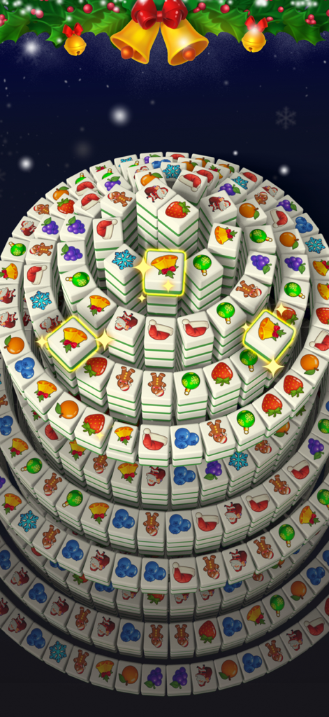 Tile Triple 3D - A festive Christmas themed 3D tile matching puzzle level with circular stacked icons