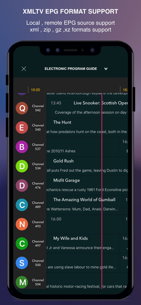 Guide électronique des programmes sur l'application GSE SMART IPTV PRO montrant les horaires des chaînes