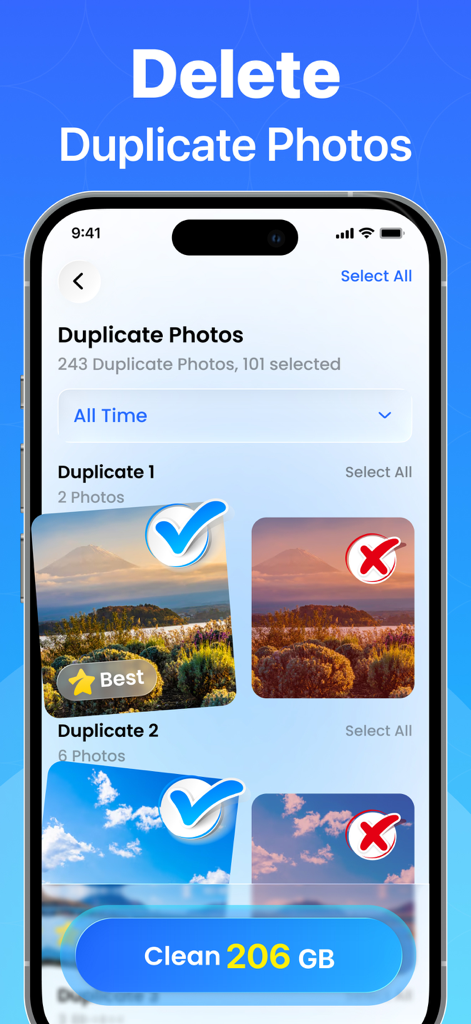 AI Storage Optimizer App - Interfaz de la app Optimizador de Almacenamiento IA que muestra la eliminación de fotos duplicadas y un botón de limpieza de almacenamiento.