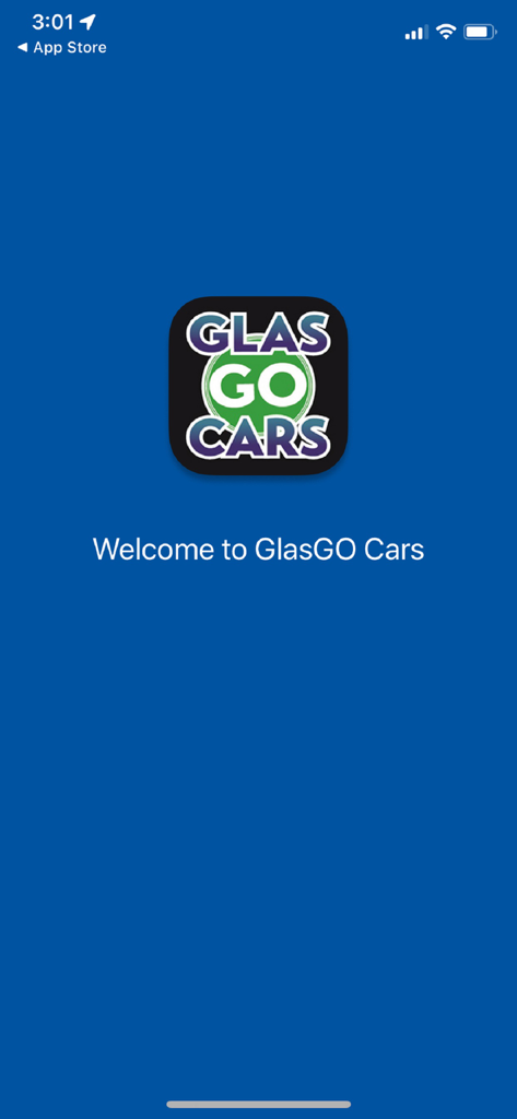 GlasGO Cars app splash screen featuring the company logo and a welcome message on a blue background