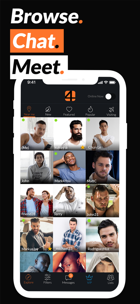 Adam4Adam mobile app interface showing a grid of male profiles with the words Browse Chat Meet