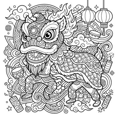 Unleash your artistic spirit with this dynamic Lion Dance coloring page. Filled with intricate details and cultural flair, it's designed to captivate and challenge teens.