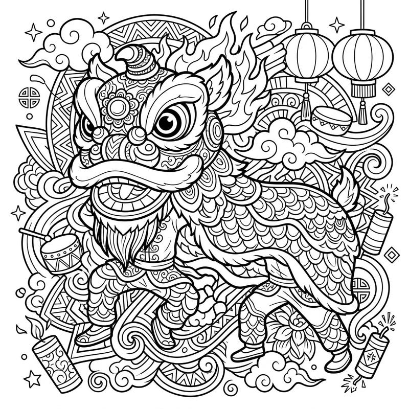 Unleash your artistic spirit with this dynamic Lion Dance coloring page. Filled with intricate details and cultural flair, it's designed to captivate and challenge teens.