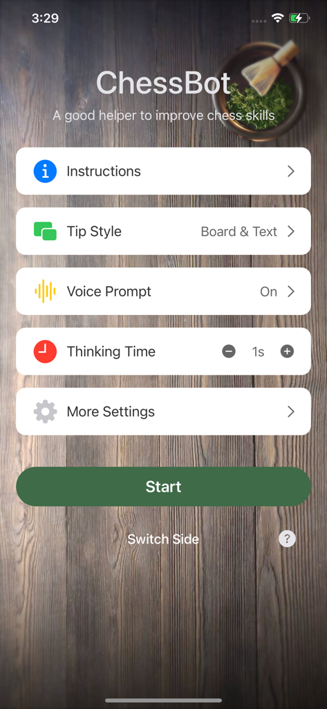 ChessBot - Real-time Advisor - Main menu of the ChessBot app displaying settings for game tips, voice prompts, and thinking time