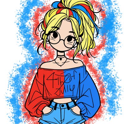 girl with a messy ponytail glasses a baggy crop top and jean shorts